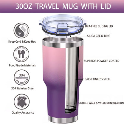30oz Stainless Steel Tumbler, Vacuum Insulated Coffee Tumblers Cups, Durable Wall Travel Mug Tumbler with Splash Proof Sliding Lid and Straws, for Ice and Hot Drink, Deep Purple+Pink
