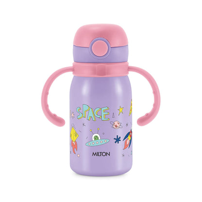 Purple water bottle with pink handles and lid, featuring space-themed illustrations on a white background.