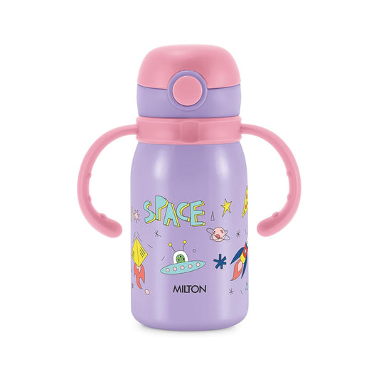 Purple water bottle with pink handles and lid, featuring space-themed illustrations on a white background.