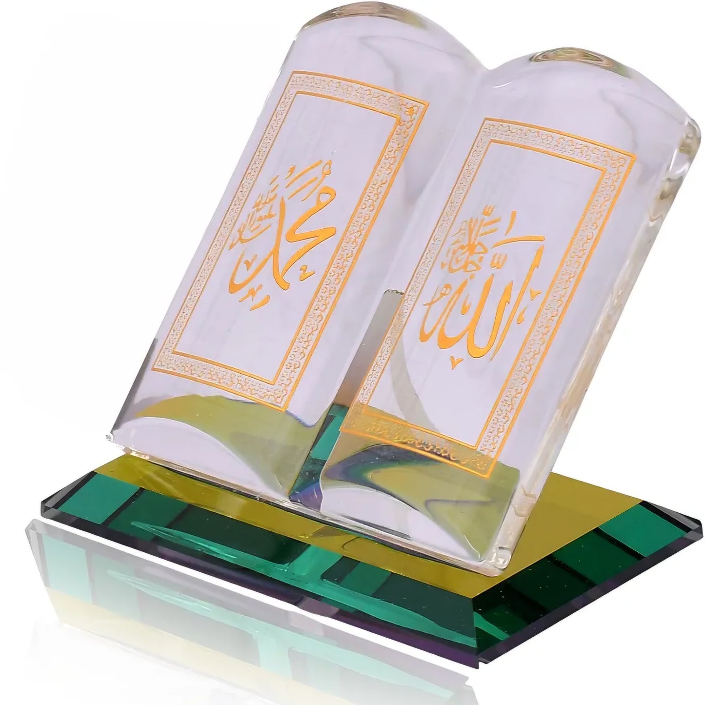 Crystal Glass Holy Quran Collectible Showpiece - Divine Names Allah and Mohammed, Desktop Decor