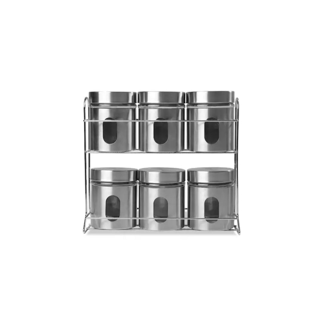Stainless Steel and Glass Canister Set, 6 Pieces, with Rack for Spices or Grains, Kitchen Organisation