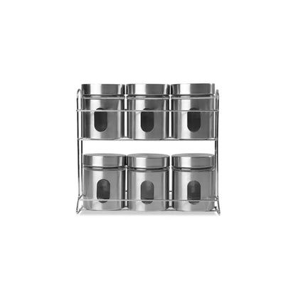 Stainless Steel and Glass Canister Set, 6 Pieces, with Rack for Spices or Grains, Kitchen Organisation