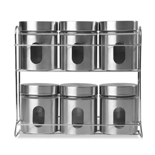 Set of six silver storage jars with a metal stand on a white background