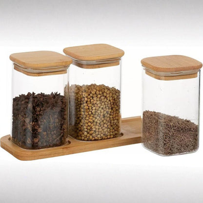 Glass Small Jar Set With Wooden Lid And Tray For Storing Spices Ghee Pickle Masalas Storage Jar Kitchen Organizer 280ml,Pack of 3 Jar