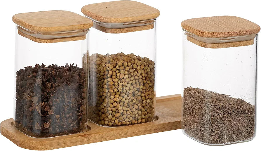 Glass Small Jar Set With Wooden Lid And Tray For Storing Spices Ghee Pickle Masalas Storage Jar Kitchen Organizer 280ml,Pack of 3 Jar