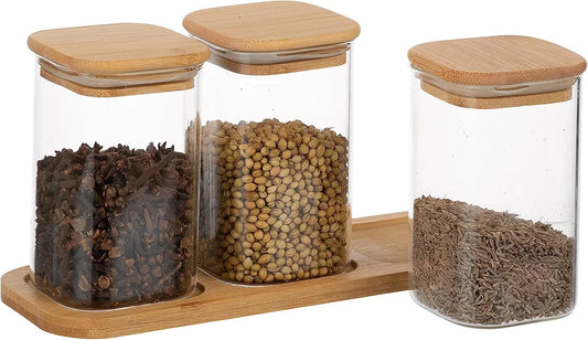 Glass Small Jar Set With Wooden Lid And Tray For Storing Spices Ghee Pickle Masalas Storage Jar Kitchen Organizer 280ml,Pack of 3 Jar