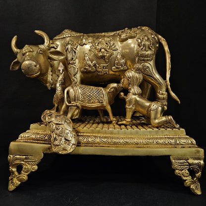 Kamdhenu Cow with Calf Vastu Laddu Gopal Murti in Brass Cow Statue for Janmashtami, Pooja, Mandir, Temple, Home Decoration, Gifting, Vastu