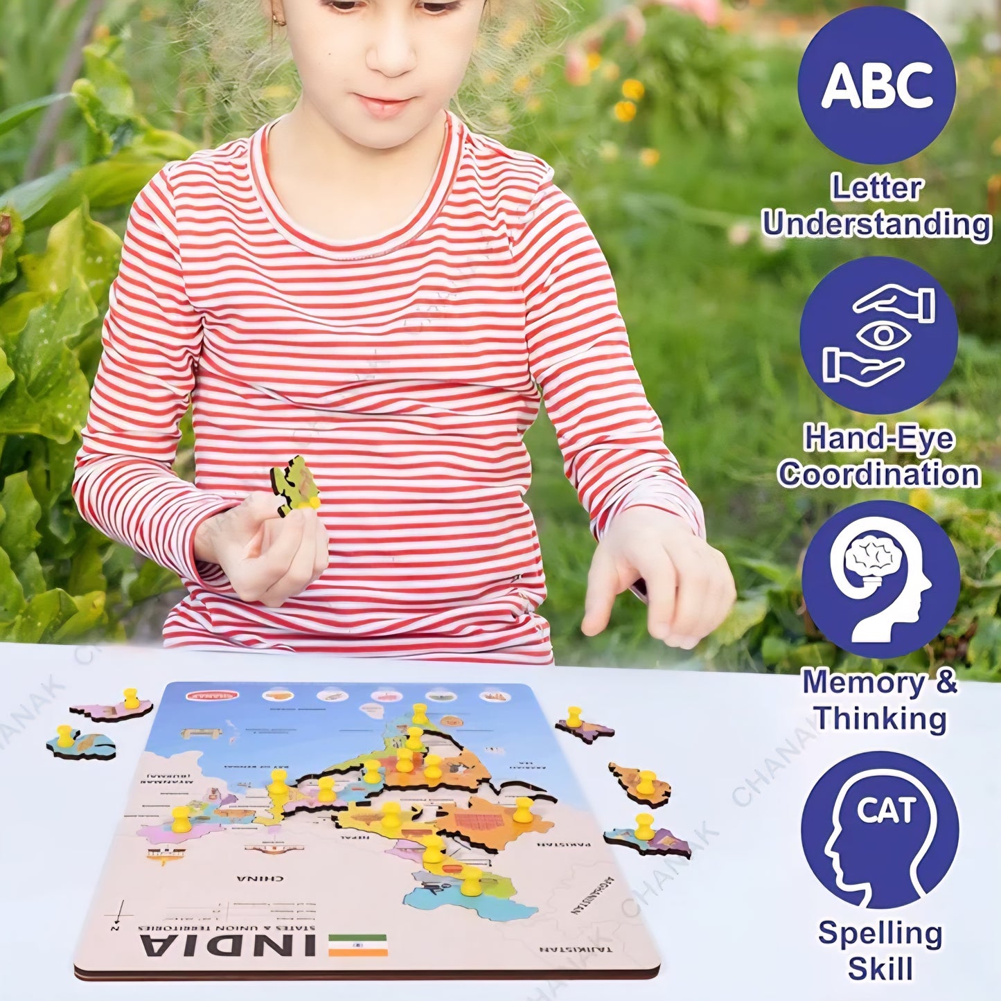 Wooden India Map Puzzle with Picture & States Name Educational Board for Kids, 18 Piece States Map Montessori Learning Puzzle for Toddlers & Preschoolers, Nursery & Kindergarten 2+ Years