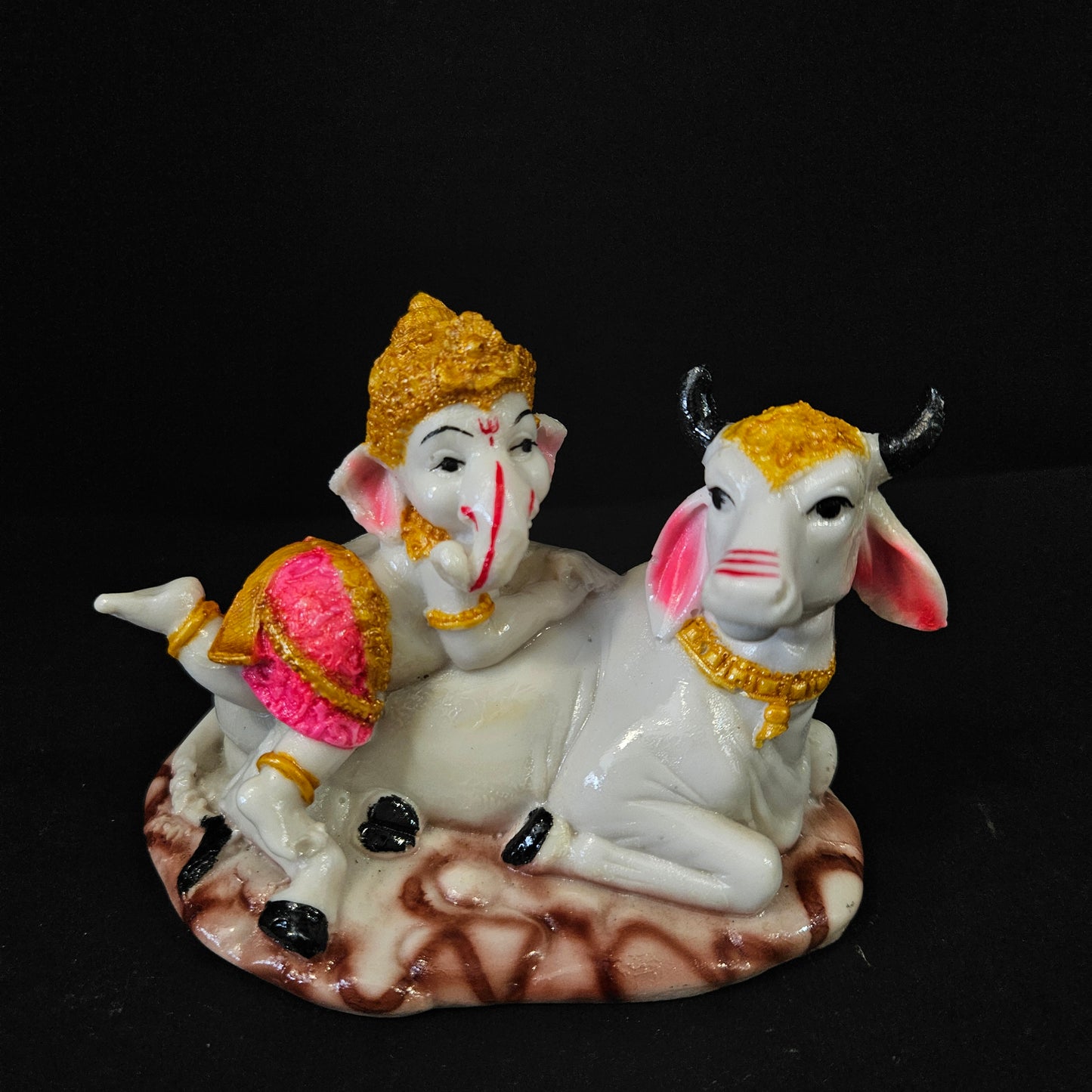 Handcrafted Polyresine Lord Ganesha on Cow Decorative Showpiece, Best for Home Decor