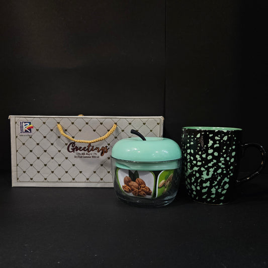 Rainbow arts glass ware Greetings 1 piece Ceramic mug & 1 piece apple shaped Dry Fruit container with lid