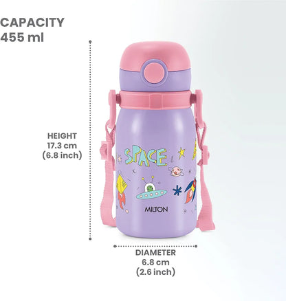 MILTON Torque 450 ISI Certified Stainless Steel Water Bottle, Leak Proof, Rust Proof, Single walled,1 Yr Warranty, Ideal Sipper Water Bottle for School Kids Bottle, 455 ml, Purple (Space)