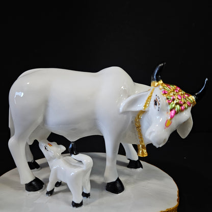 Cow With Calf Statue in Marble Dust, Holy Cow Idol, Showpiece for Home Decor, Handmade Divine Cow, Mother Cow with Baby Calf, kamdhenu