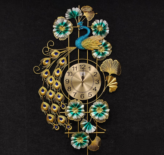 Decorative Golden & Green peacock wall Clock for Home Decor