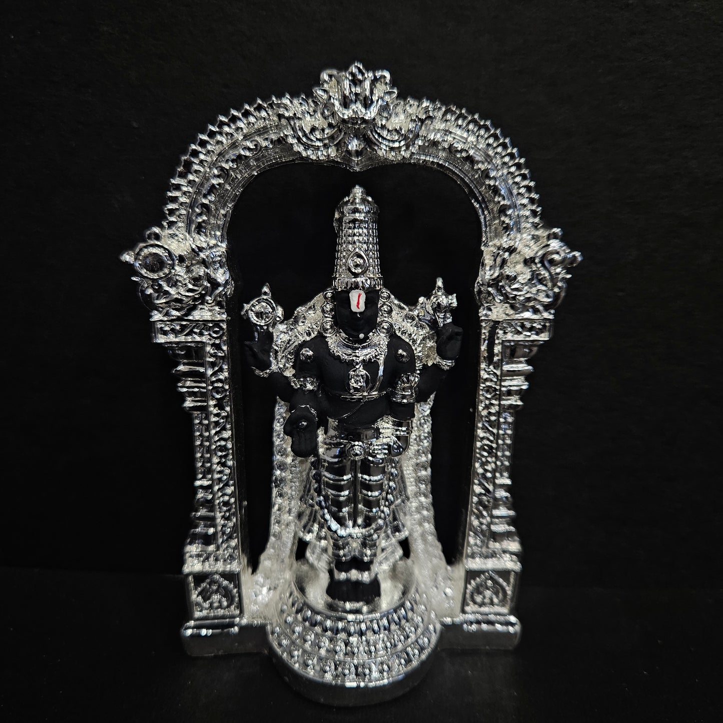 India Lord Tirupati Balaji Silver Plated Black Idol with Golden Jewelry Work Balaji Idol for Car Dashboard Venkateswara Swamy Murti for Home Srinivasa Statue for Mandir