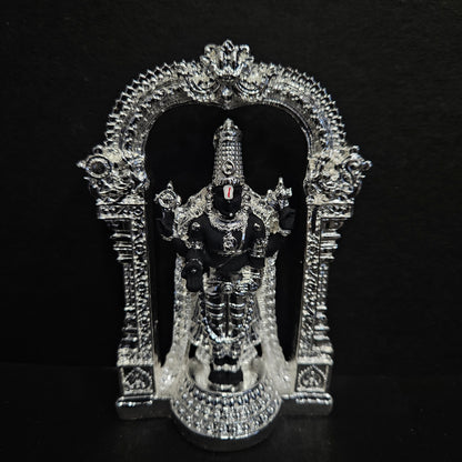 India Lord Tirupati Balaji Silver Plated Black Idol with Golden Jewelry Work Balaji Idol for Car Dashboard Venkateswara Swamy Murti for Home Srinivasa Statue for Mandir