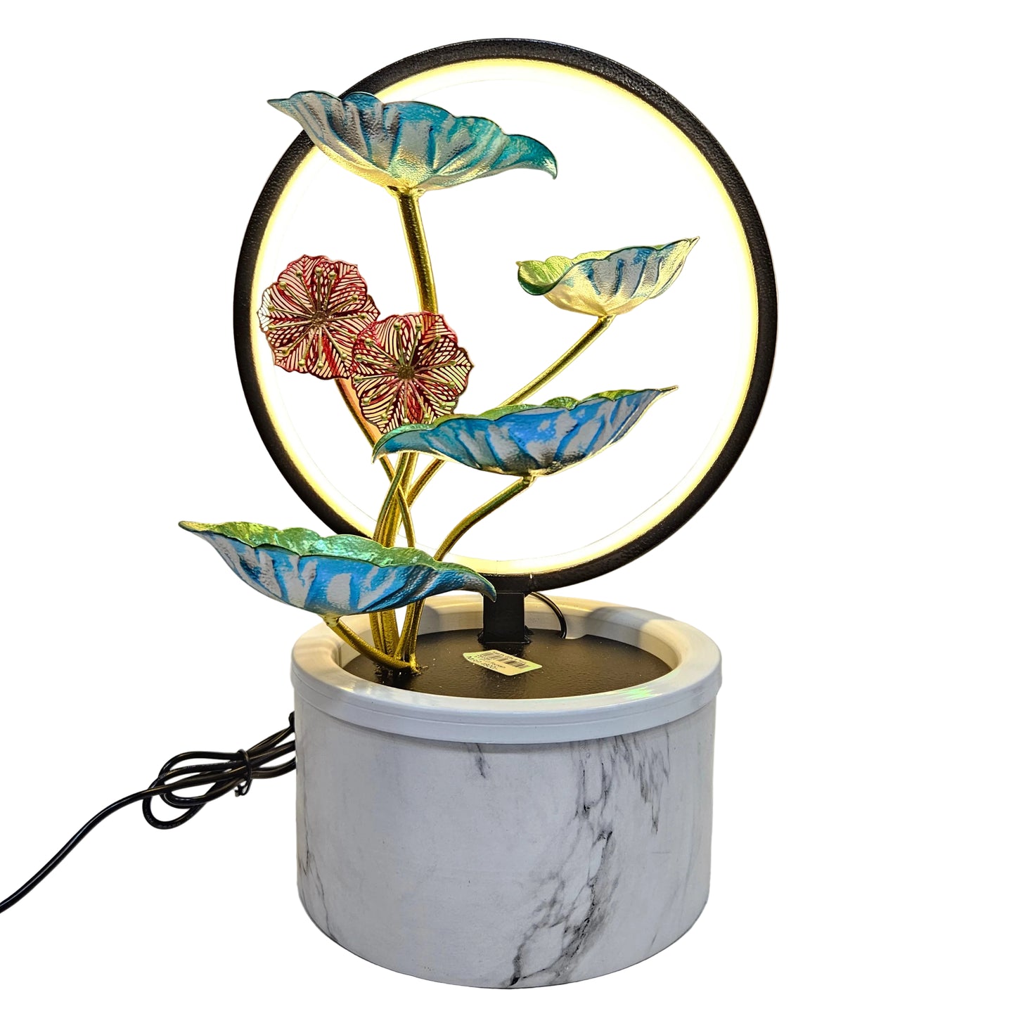 Tabletop water fountain colorful metallic  leaves and a built-in LED ring light on a marble look -finish base