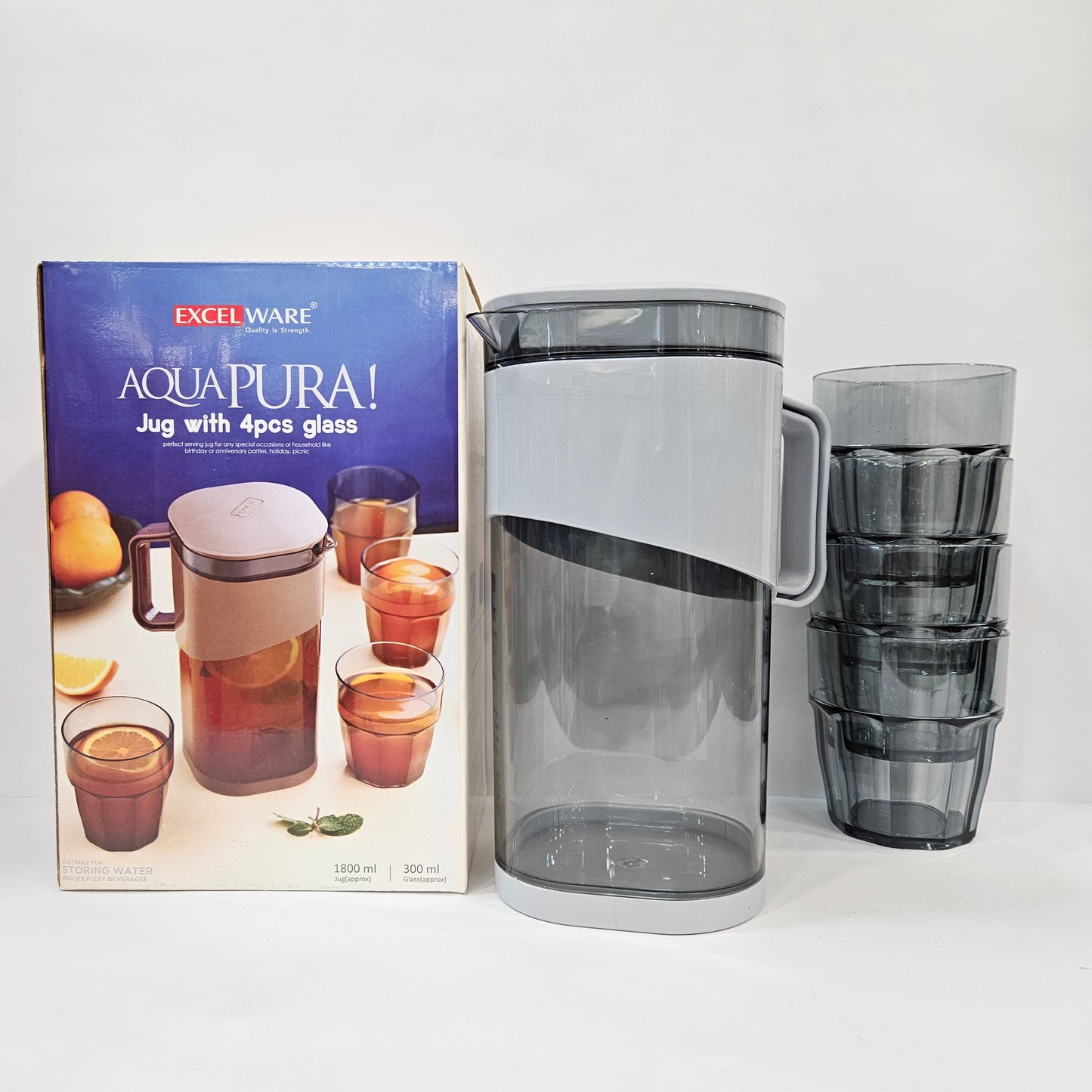 Excel ware Aqua Pura juice serving jug with 4 pieces glasses perfect for serving beverages