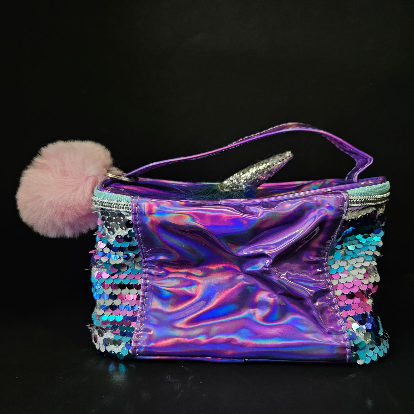 Unicorn Themed Makeup Pouch with Chenille Varsity Letter Patch, Skin Care Travel Bag Organizer for Girls, Make Up Skincare Cosmetic Zipper Stuff Bags for Women