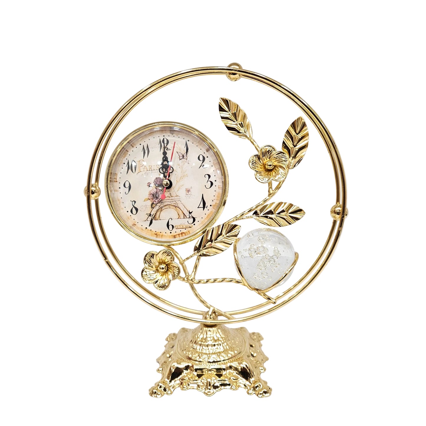 Golden metallic table clock features a unique "Paris" themed dial and a delicate floral branch design with a crystal-like sphere Showpiece