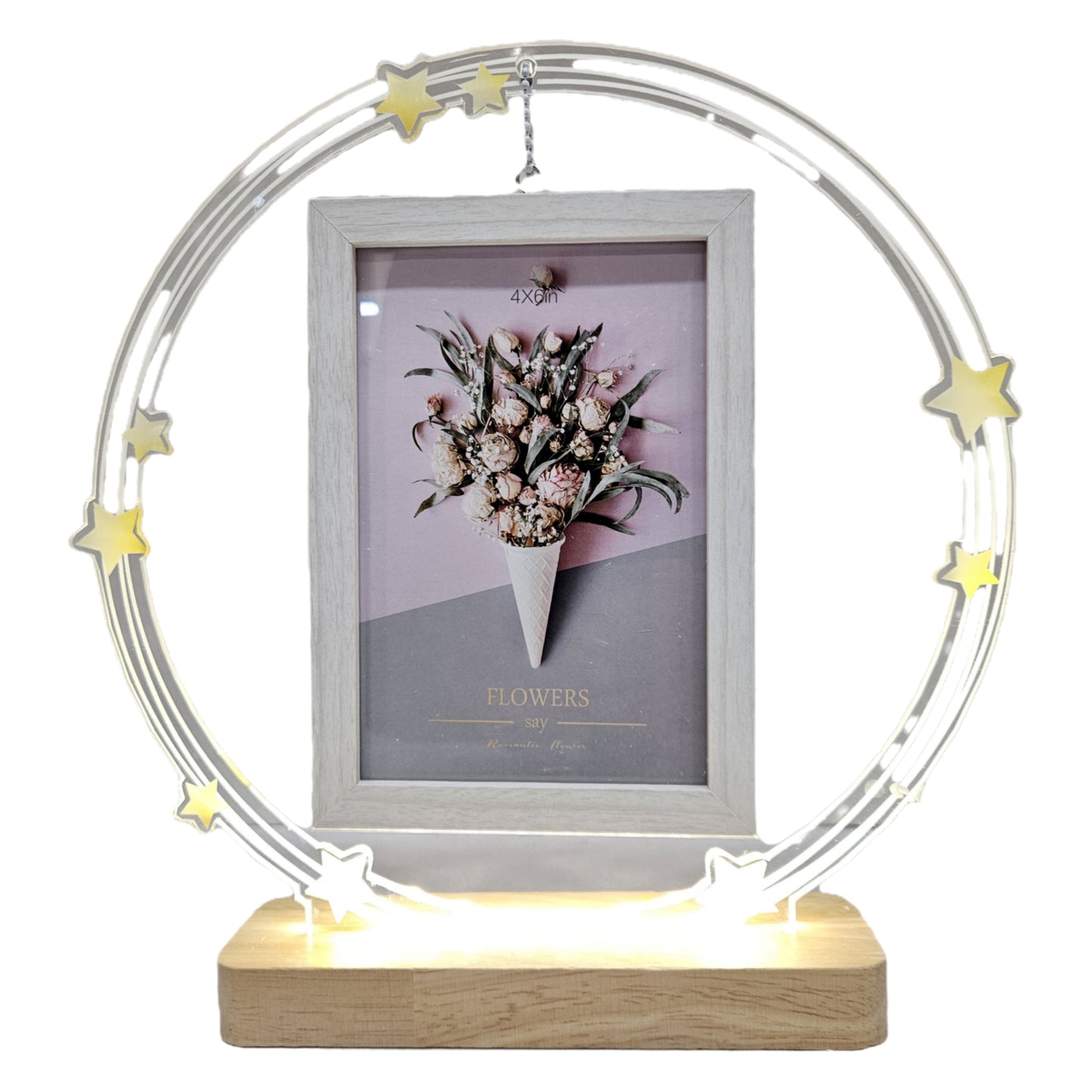Round glossy designer Frame with Elegant Lights and small flowers printed Dashboard Frame Gift Personalized Tabletop Multipurpose Wedding Gift