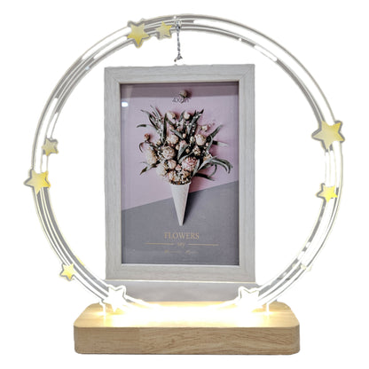 Round glossy designer Frame with Elegant Lights and small flowers printed Dashboard Frame Gift Personalized Tabletop Multipurpose Wedding Gift