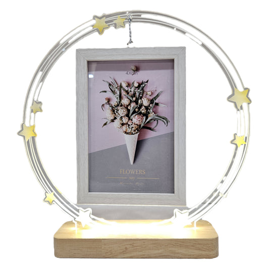 Round glossy designer Frame with Elegant Lights and small flowers printed Dashboard Frame Gift Personalized Tabletop Multipurpose Wedding Gift