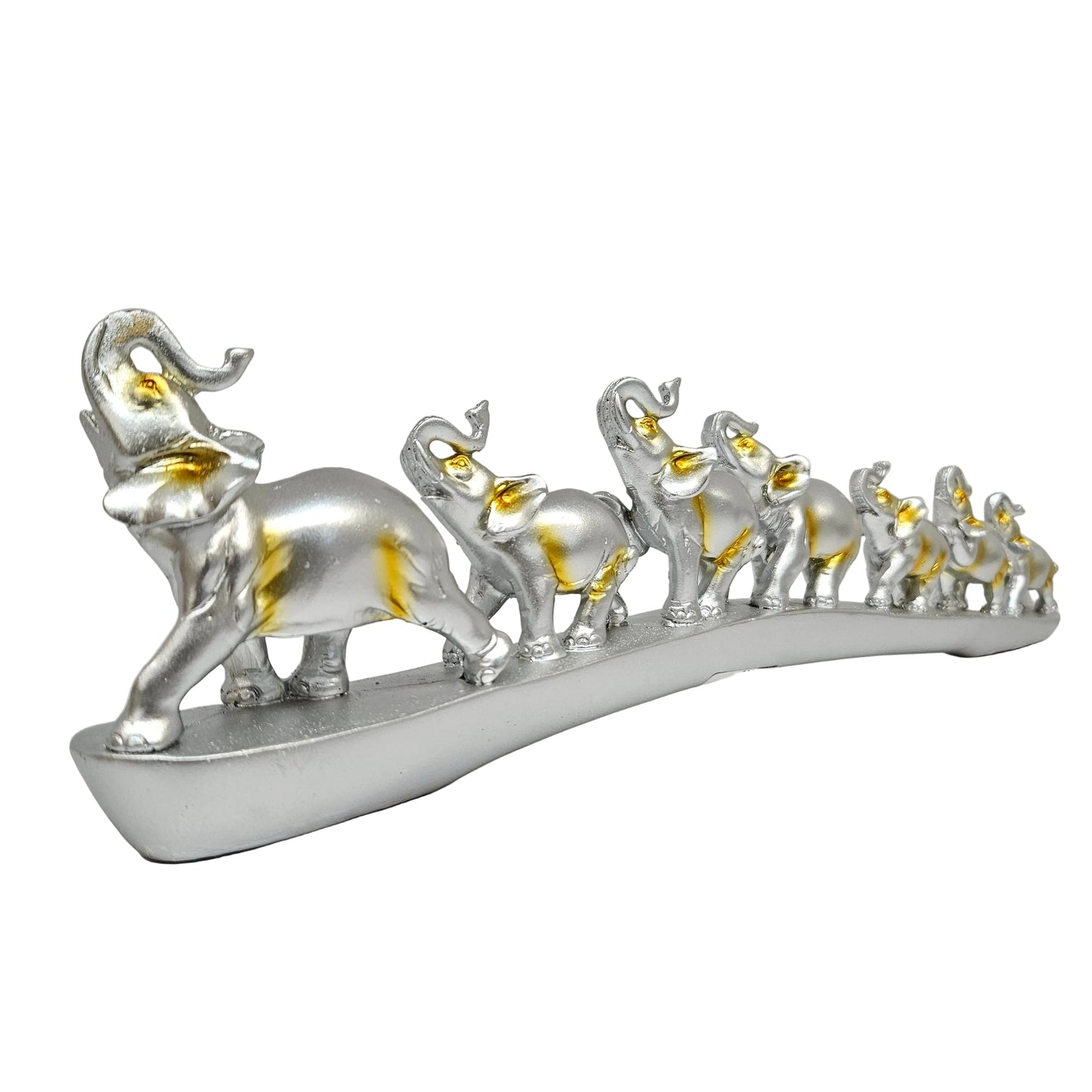 Decorative showpiece seven elephants walking in a row along a curved, bridge-like base