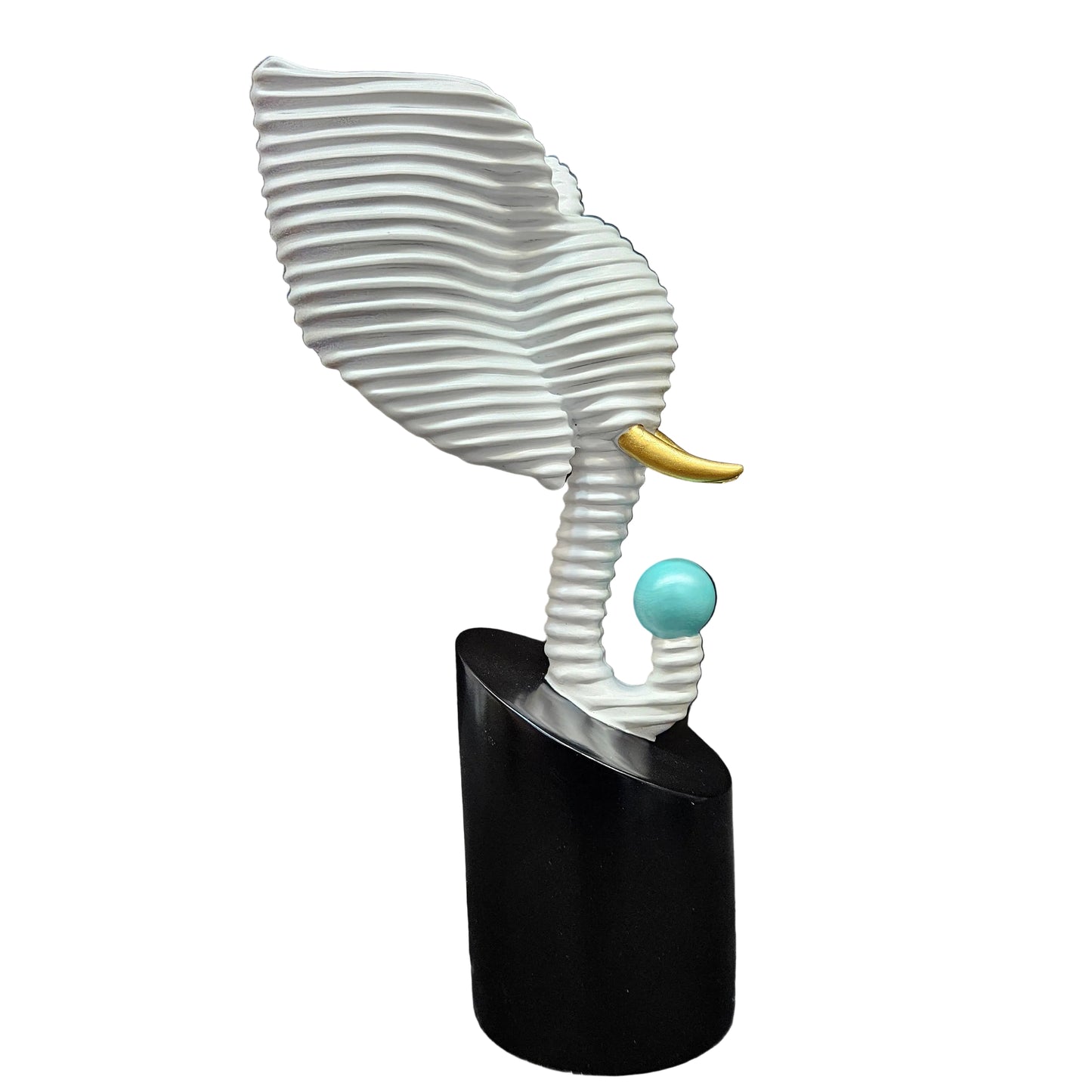 Decorative Elephant Sculpture, White Ribbed Design, Gold Accents, Black Base