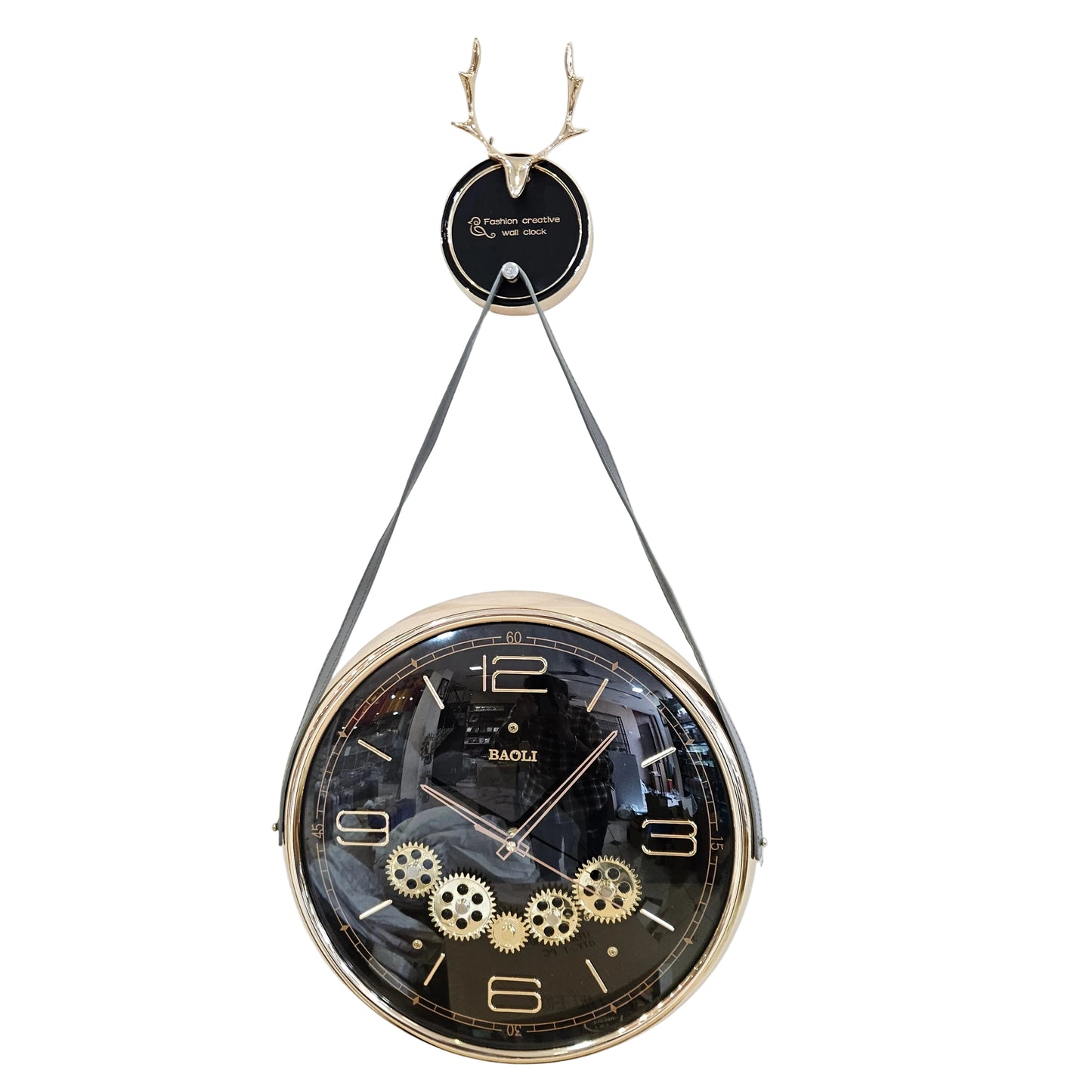 Acrylic-Quartz Quill Deer with Belt Hanging Analog Wall Clock |With Moving Gear Mechanism|Black|Silent Sweep Noiseless Technology|For Living Room