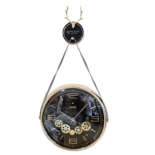 Acrylic-Quartz Quill Deer with Belt Hanging Analog Wall Clock |With Moving Gear Mechanism|Black|Silent Sweep Noiseless Technology|For Living Room