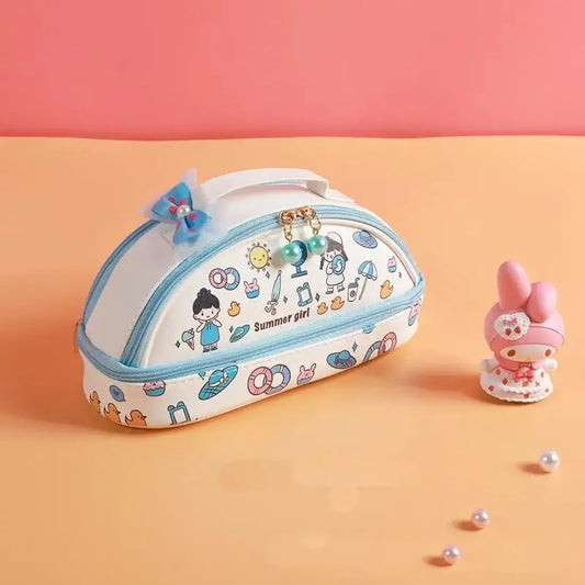 Cute Cartoon Girls Pencil Pouch for Kids – Semi-Circle Zipper Pencil Case with Handle, Floral Bow Design, Spacious Stationery Organizer for School, Travel & Gift for Girls