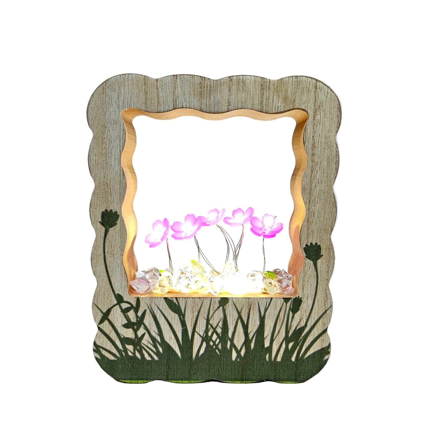 Tulip Photo Frame Night Light, featuring a wavy brown wooden frame and pink floral accent lights.