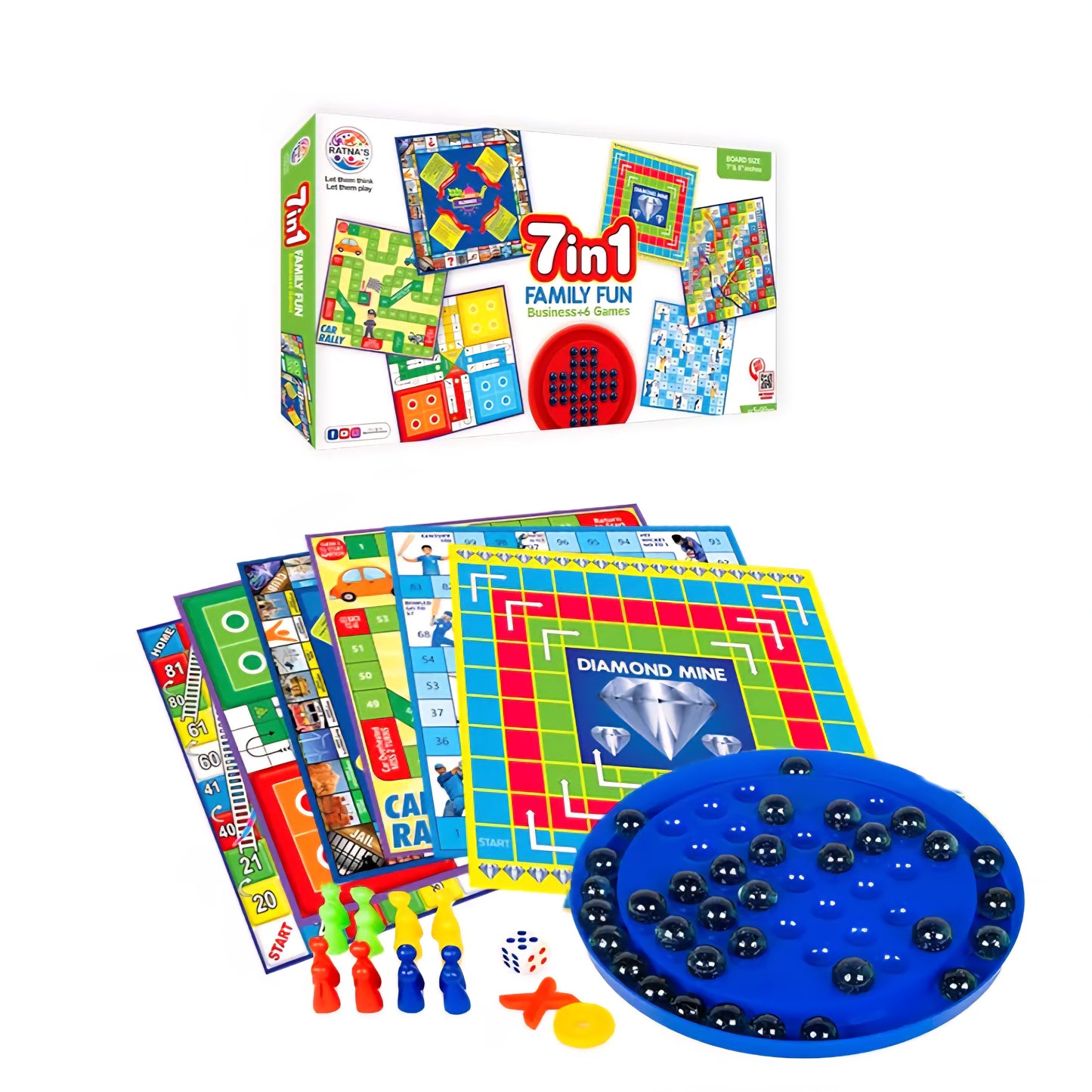 Ratna's 7 in 1 Family Board Game,Brainvita,Ludo,Snakes & Ladders,Business,Car Rally,Diamond Mine,Cricket