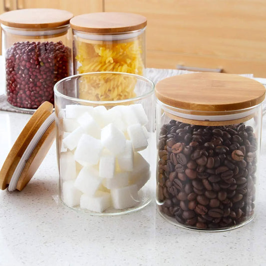 Glass jar with Wooden Lid for Food Storage containers, Candy, Cookie, Kitchen Canister for Sugar, Rice and Spice Jars 270ml Set of 3