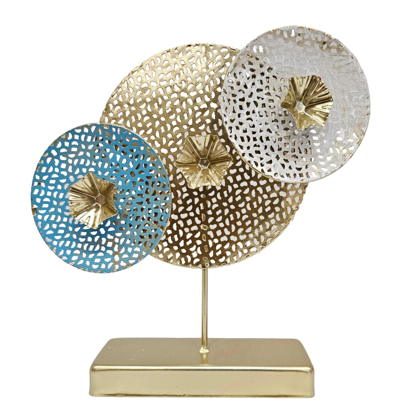 Modern multi-disk metal tabletop sculpture designed as an accent piece for home or office decor