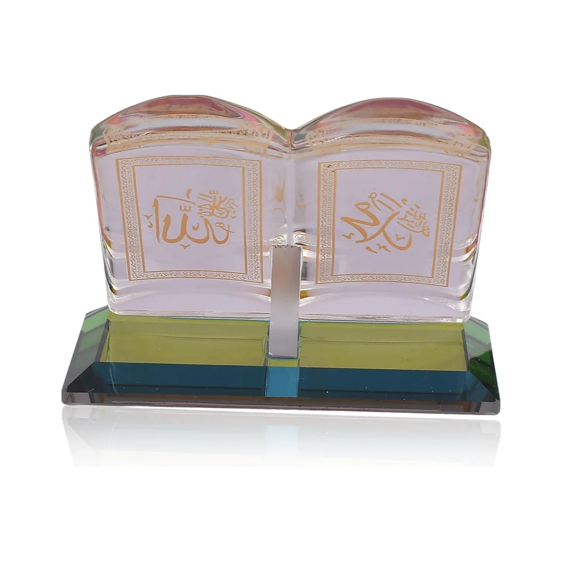 Crystal Glass Holy Quran Collectible Showpiece - Divine Names Allah and Mohammed, Desktop Decor