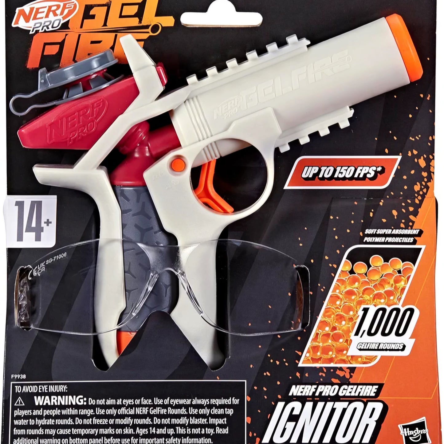 Nerf Pro Gelfire Ignitor Blaster, 1000 Gelfire Rounds, 60 Round Capacity, T-Pull Priming, Up to 150 FPS, Eyewear, Gifts for Teens Ages 14+, Birthday Gift for Kids