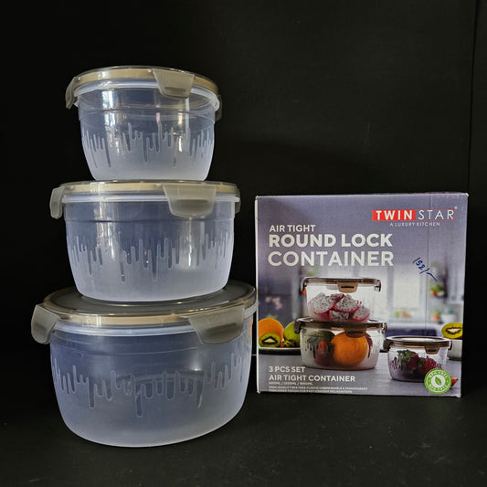 Twin Star a luxury kitchen airtight Round Lock transparent 3 piece set storage container with 600ml,1200ml&1800ml Capable Bpa free,unbreakable storage container