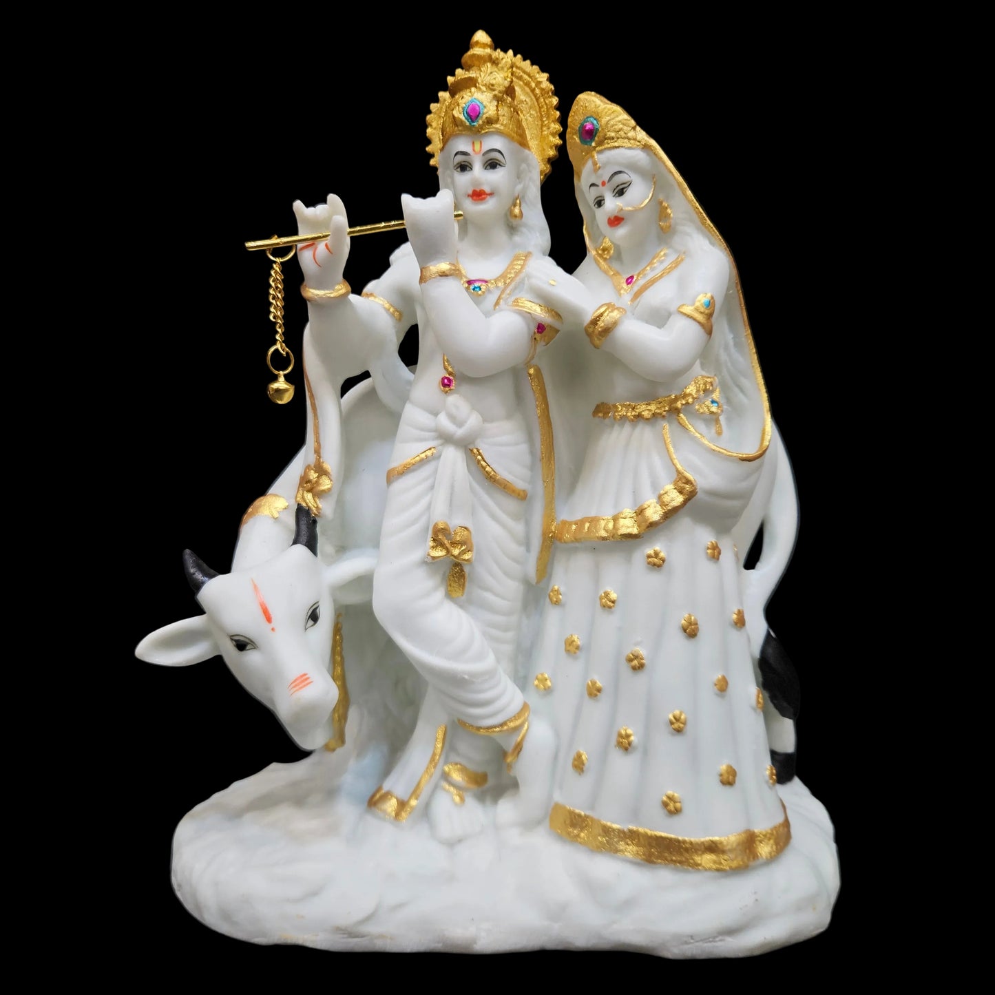 Radha Krishna Murti Marble Dust with Kamdhenu Cow | Radha Krishna Idol Statue for Home Decor
