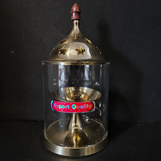 Oil Lamp with Gold Base,Decorative Candle Holder Akhand Jyoti Oil Diya with Clear Glass Cover | Rotating Lifting Wick | Perfect for Spiritual Decor, Hindu Rituals, Diwali Festive Gifts