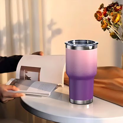 30oz Stainless Steel Tumbler, Vacuum Insulated Coffee Tumblers Cups, Durable Wall Travel Mug Tumbler with Splash Proof Sliding Lid and Straws, for Ice and Hot Drink, Deep Purple+Pink