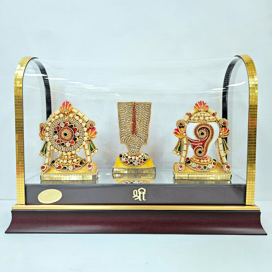 Shank Chakra Tilak 24carats gold Plated idol Decorated with attractive stones designed in a transparent protective cabin