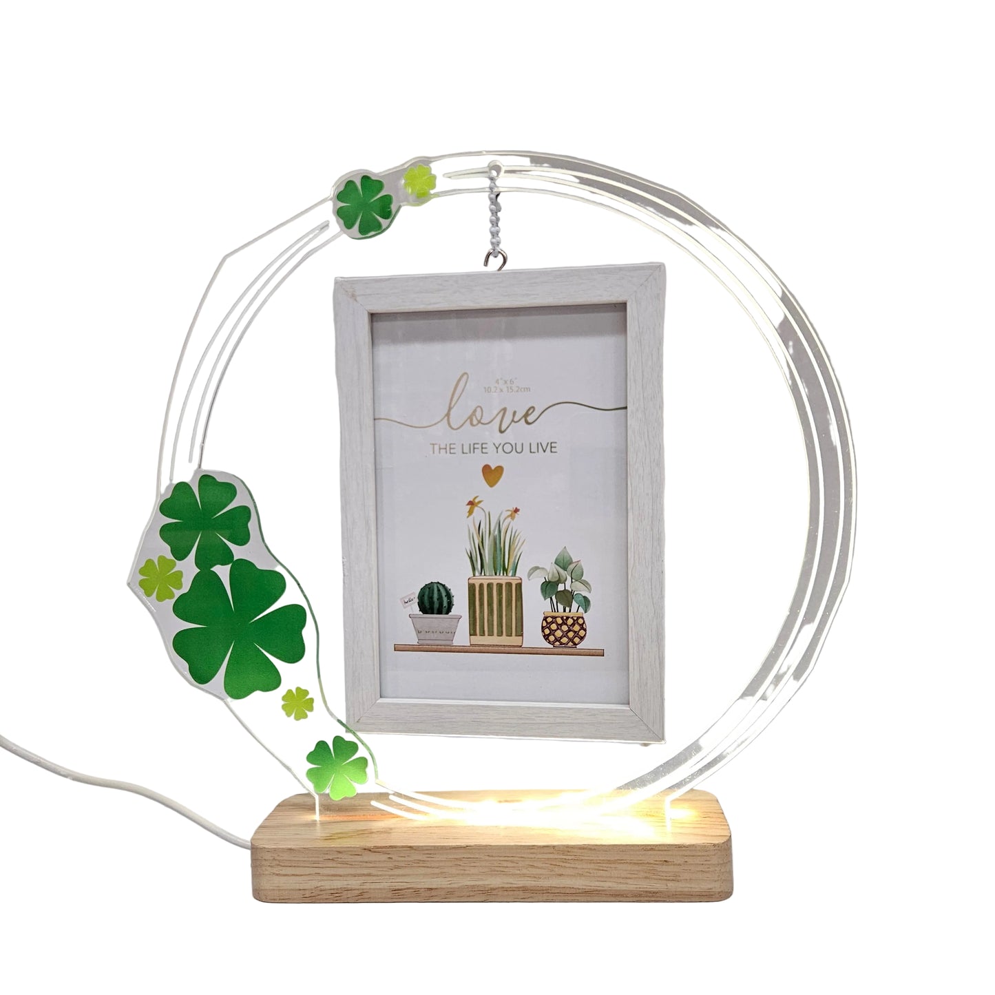 Round glossy designer Frame with Elegant Lights and leaves printed Dashboard Frame Gift Personalized Tabletop Multipurpose Wedding Gift