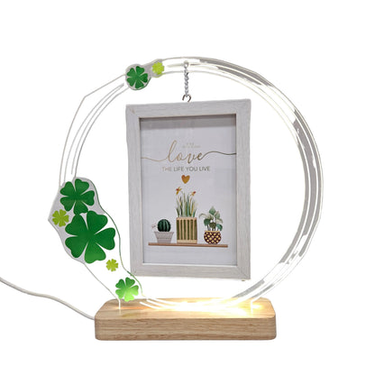 Round glossy designer Frame with Elegant Lights and leaves printed Dashboard Frame Gift Personalized Tabletop Multipurpose Wedding Gift