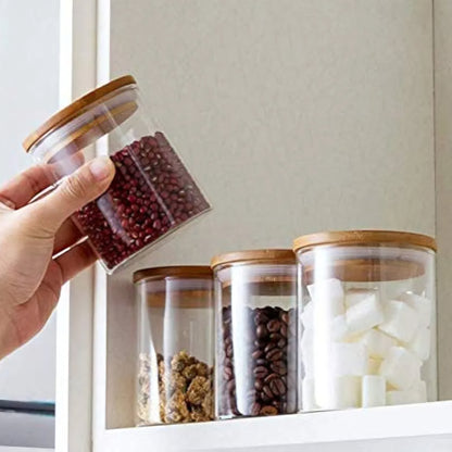 Glass jar with Wooden Lid for Food Storage containers, Candy, Cookie, Kitchen Canister for Sugar, Rice and Spice Jars 270ml Set of 3