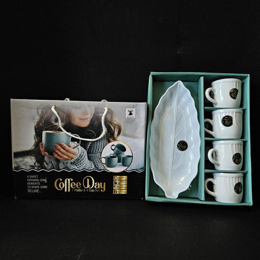 Kanch coffee day 1 leaf Shaped Platter & 4 piece cup set with high quality lead & cadmium free 100% food grade perfect for Return gifting