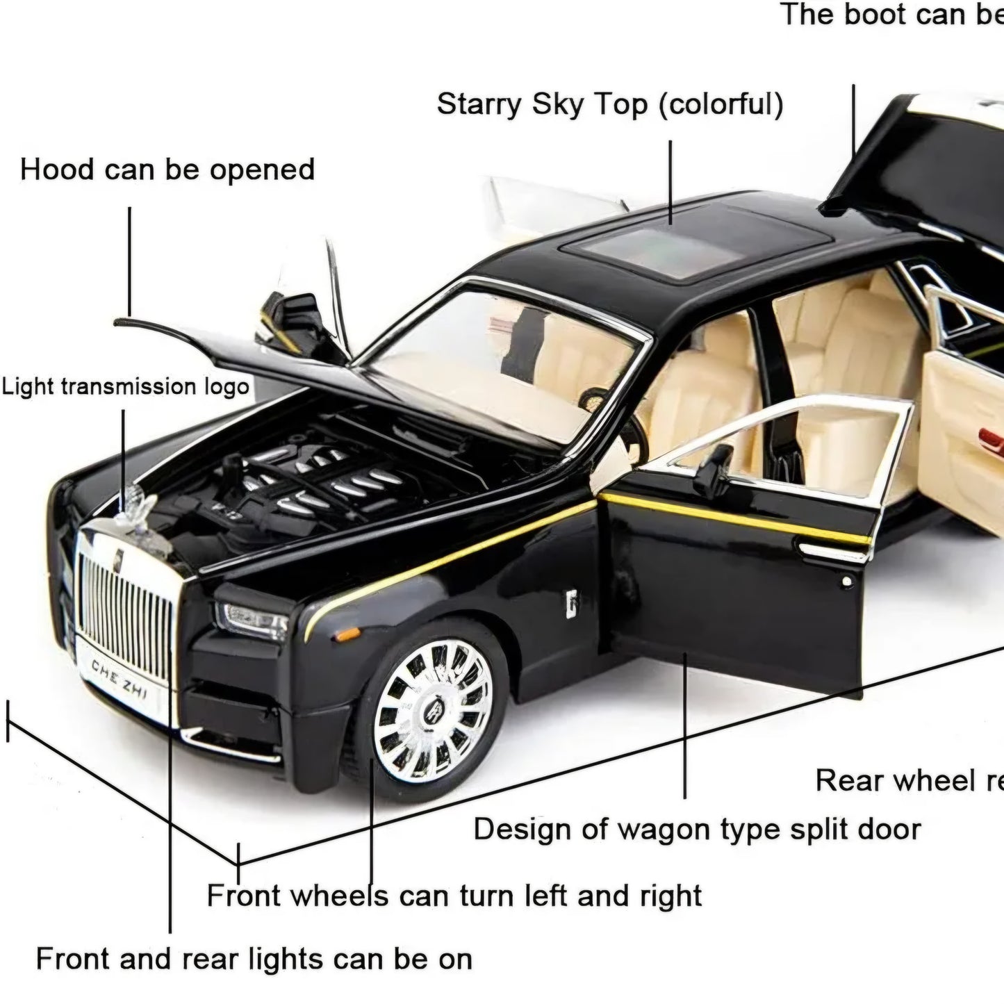 Rolls Royce Phantom Model Car 1:18 Scale Exclusive Alloy Metal Pull Back Die-cast Car Toy with Openable Doors & Light Music Boys Toys for Kids
