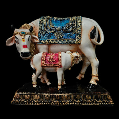 India Polyresin Decorative Cow and Calf Idol | Kamadhenu Gau MATA Murti Home Decor | Good Luck Gift Showpiece Figurine