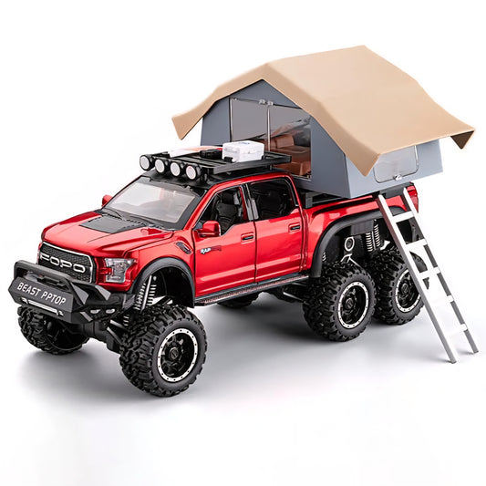Ford Raptor F150 Camping RV Model Car with Box, Zinc Alloy Pull Back Toy car with Sound and Light for Kids Boy Gift