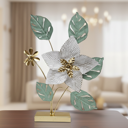 Decorative flower sculpture on a wooden table in a living room setting